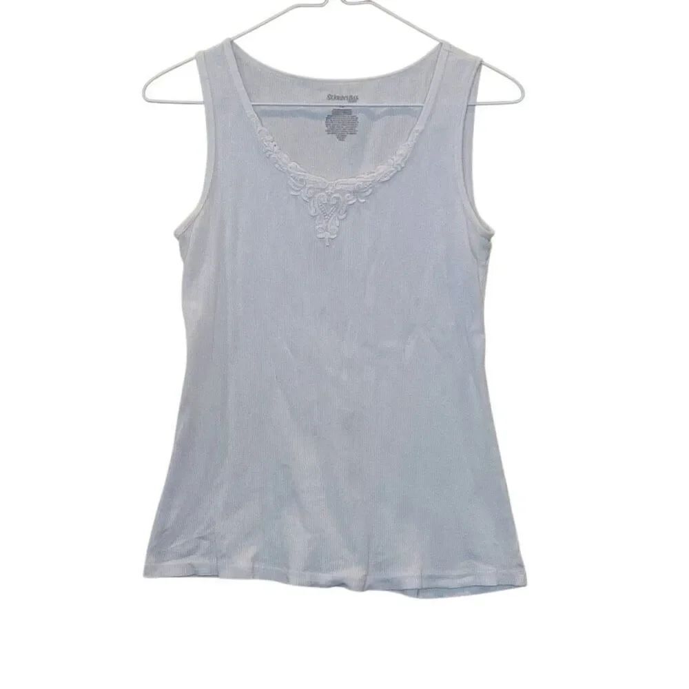 St. John's Bay Lace Trim Scoop Neck Ribbed Cotton Tank Top White Petite Medium